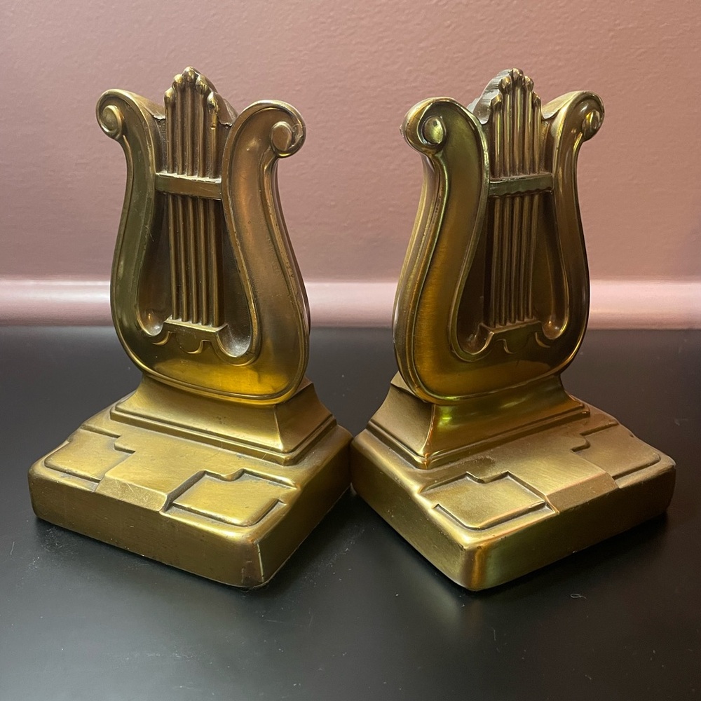 MCM Vintage Brass Harp Bookends HEAVY